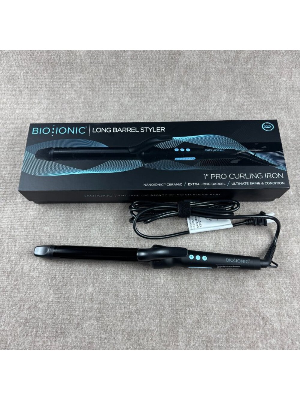BIO IONIC Long Barrel Curling Iron Styler 1-Inch Black Nanoionic Classic Curls